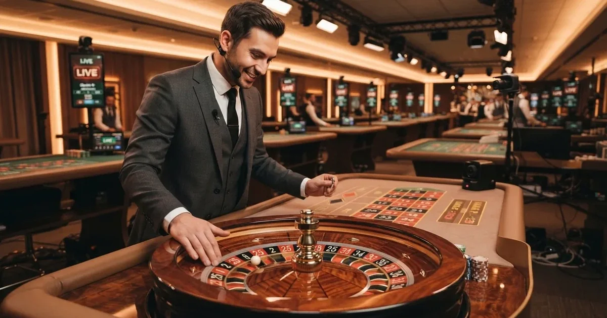 Een live dealer aan een Evolution Gaming speeltafel met een roulettewiel op de achtergrond in een professionele studio