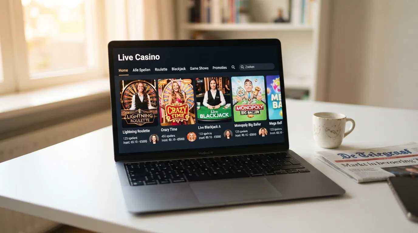 Een strak vormgegeven casino-lobby op een laptopscherm met Evolution Gaming spellen in de featured sectie